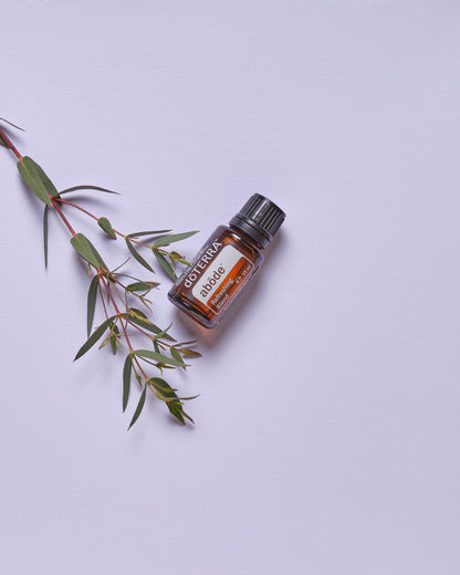 Abōde mélange d'huiles essentielles dōTERRA, flacon avec brin de lavande sur fond lilas