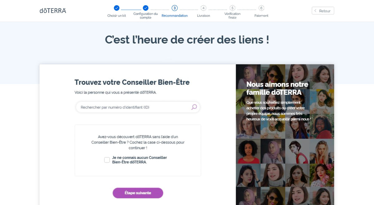 Étape « Recommandation » du formulaire d'adhésion dōTERRA : recherche du Conseiller Bien-Être par numéro
