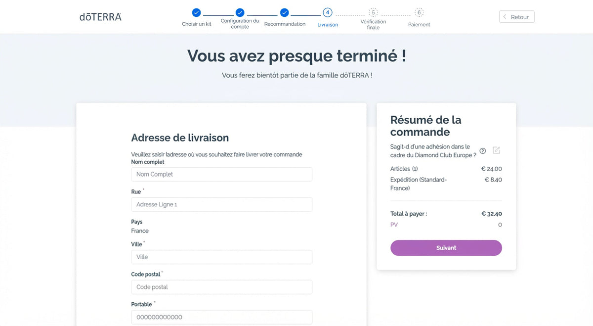 Étape « Livraison » du formulaire d'adhésion dōTERRA : adresse de livraison et résumé de la commande