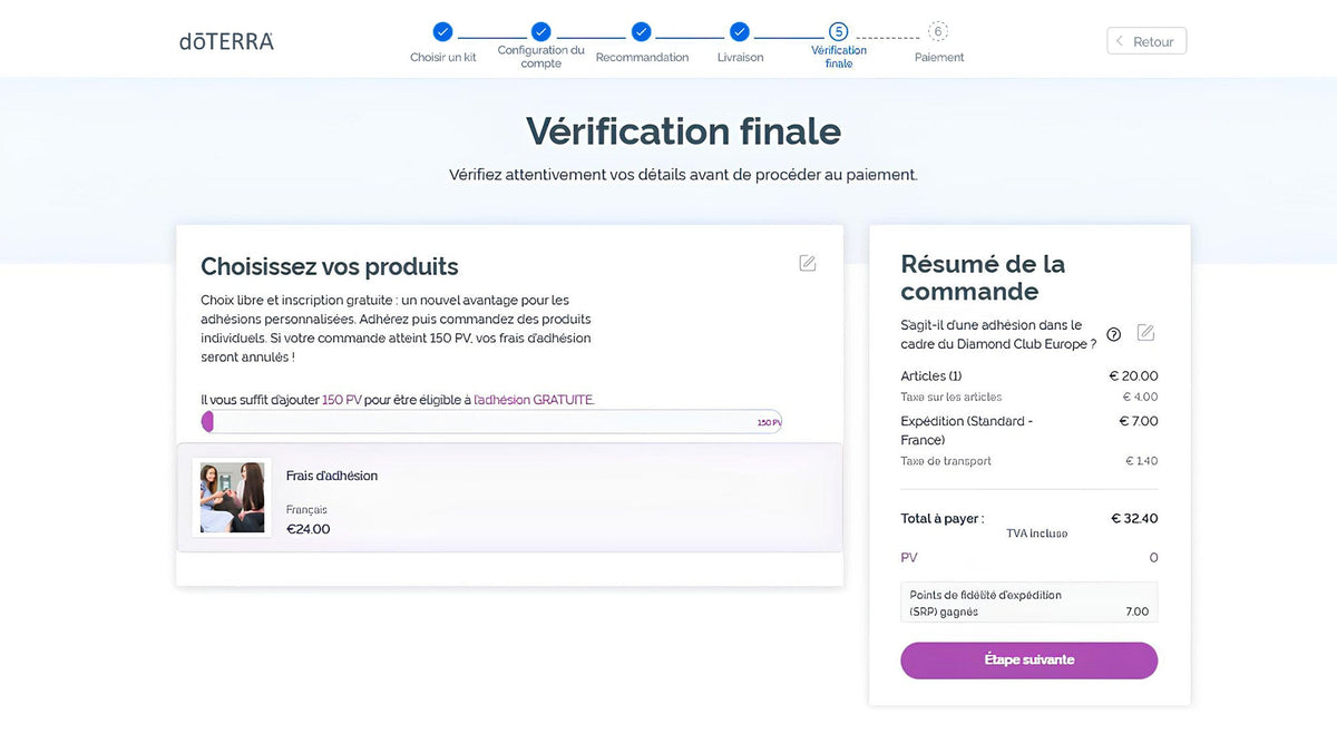 Étape « Vérification finale » du formulaire d'adhésion dōTERRA : récapitulatif avant paiement