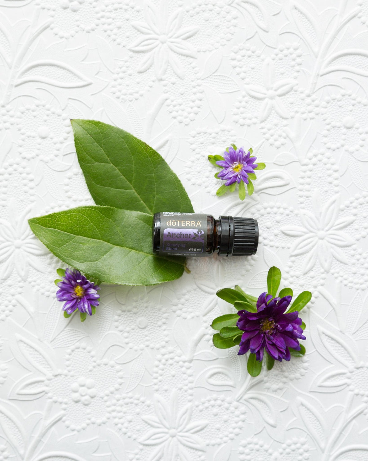 Anchor mélange d'huiles essentielles dōTERRA, flacon avec feuillage et fleurs violettes