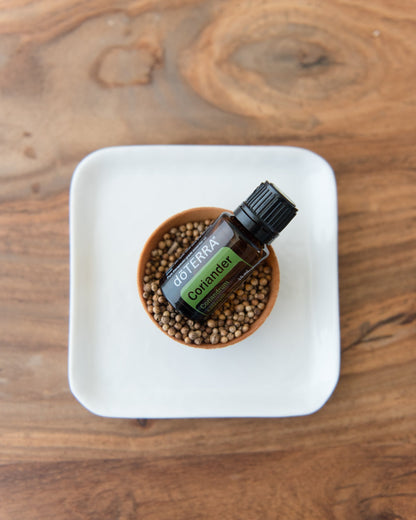 Coriandre huile essentielle dōTERRA, dans une coupelle de graines de coriandre