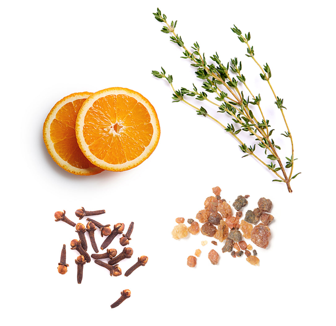 Les ingrédients du mélange DDR Prime dōTERRA : encens, clou de girofle, thym, lemongrass et orange sauvage
