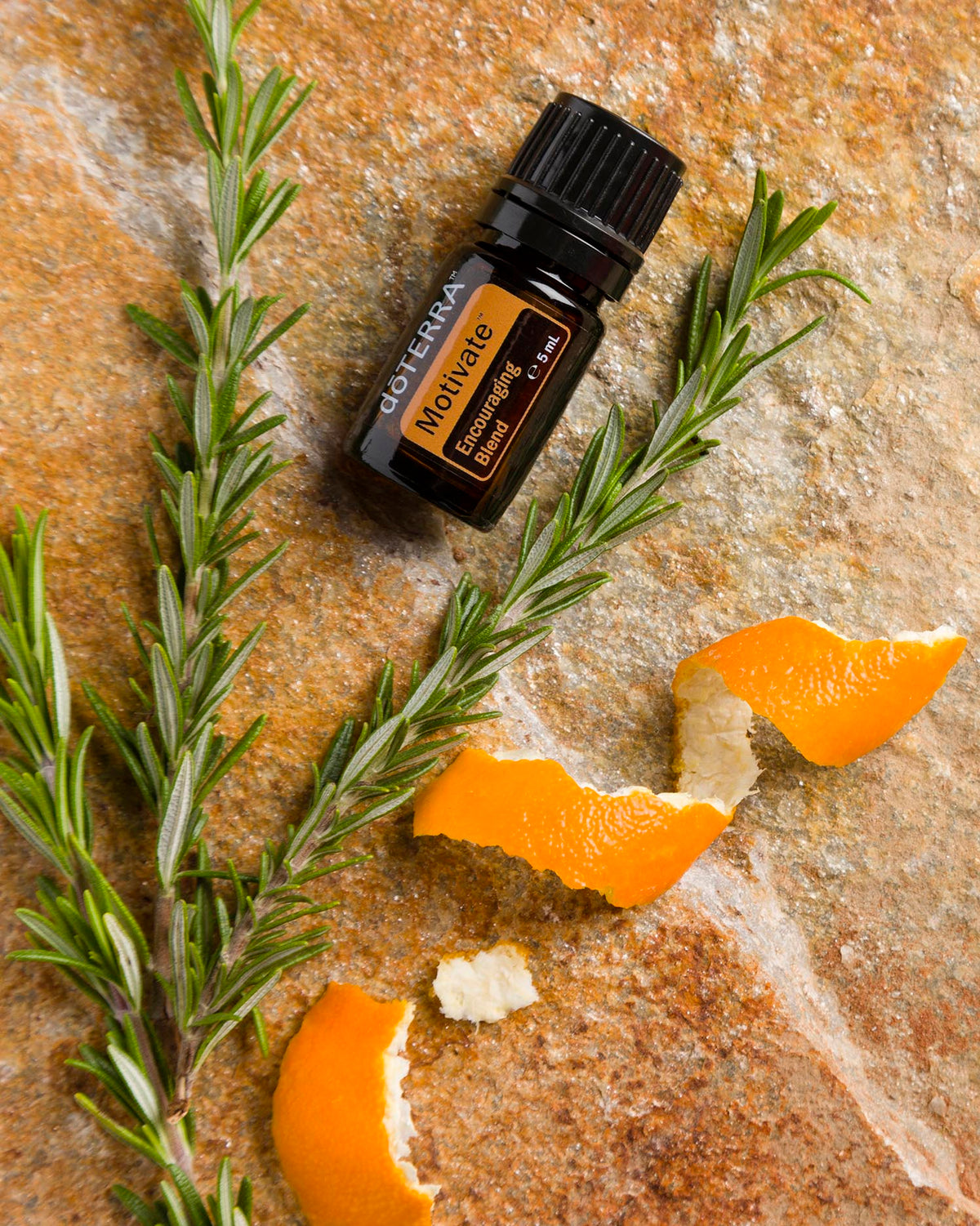 Motivate mélange d'huiles essentielles dōTERRA, flacon avec branches de romarin