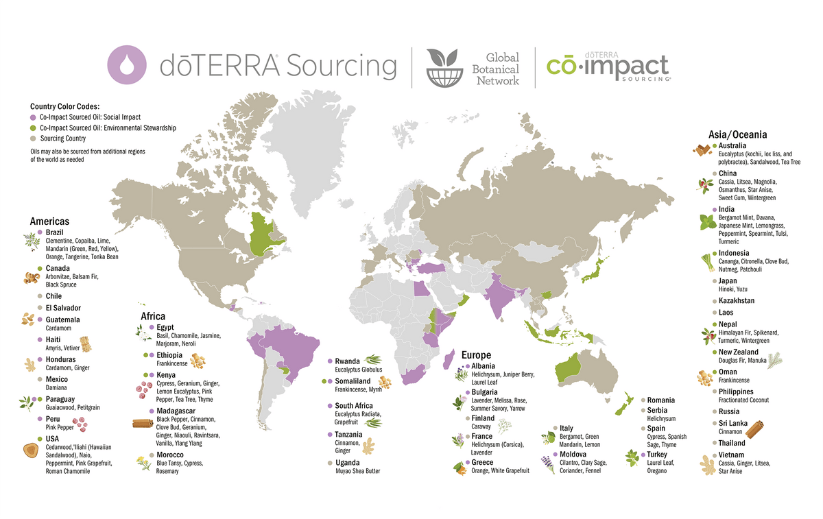 Carte du monde des pays où dōTERRA s'approvisionne en plantes